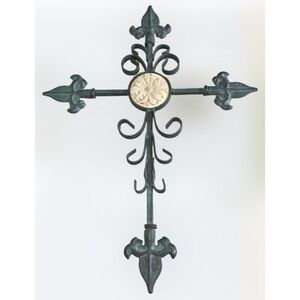 Wrought Iron Moss Green Heavy Fleur De Lis Christian Cross 19”X14” Ready To Hang